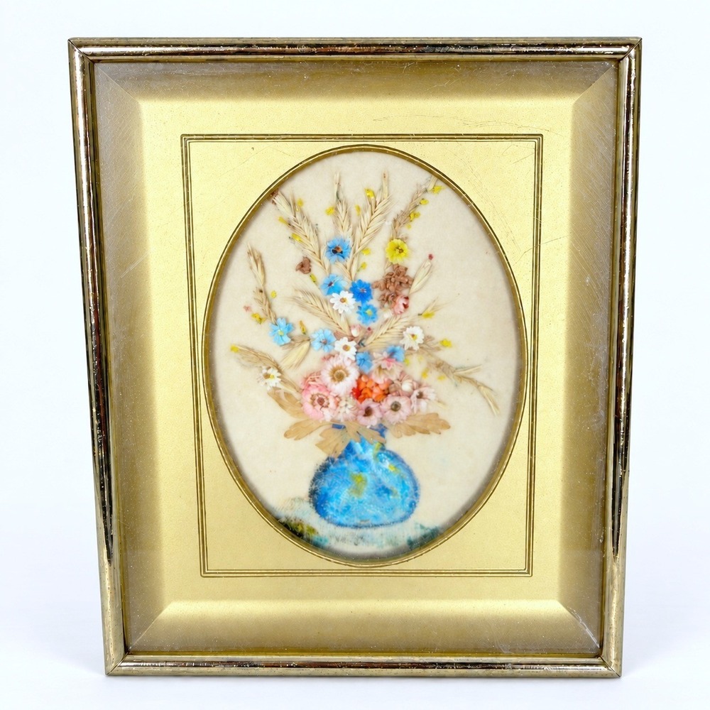 Vintage 3D Dried Flower Shadow Box Gold Frame Botanical Cottagecore Wall Art